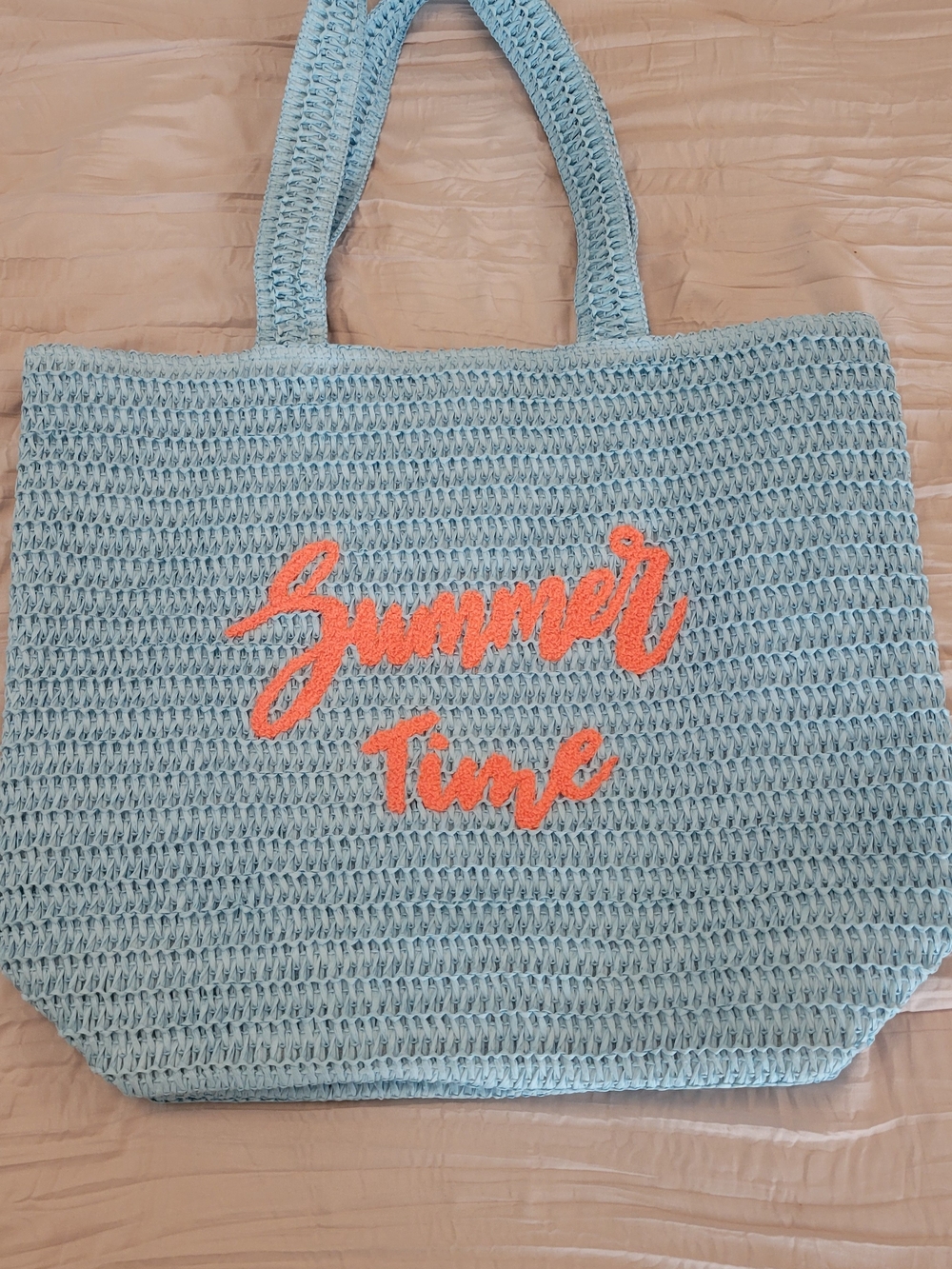 Source Unknown Light Blue Woven Tote with Coral Orange 'Summer Time' Script